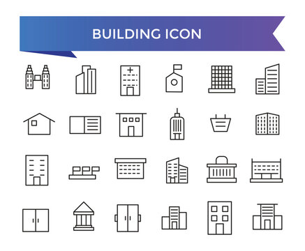 Building icon collection. Related to house, office, bank, school, hotel, shop, university and hospital icons. Line icon set.