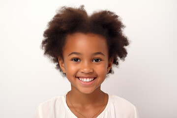 Child girl with white background. Nursery school. Childhood professions. School holidays. Topics related to childhood. Black girl. Afro american girl. African girl. 