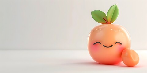 Cheerful Peach Character with Blushing Smile and Serene Copy Space on Minimalist White Background - obrazy, fototapety, plakaty