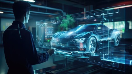 engineer checking and touching on auto design hologram in lab, Diagnostic Auto in HUD style on big screen, EV car concept, Generative AI
