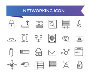 Networking icon collection. Related to network, connections, relationship, online networking, community, events and social network icons. Line icon set.