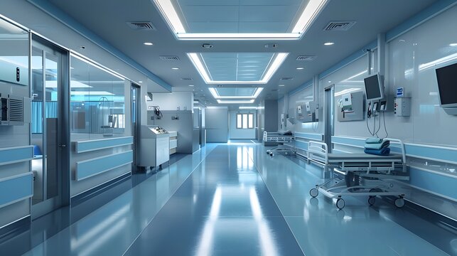 An empty hospital corridor with long, fluorescent lights overhead