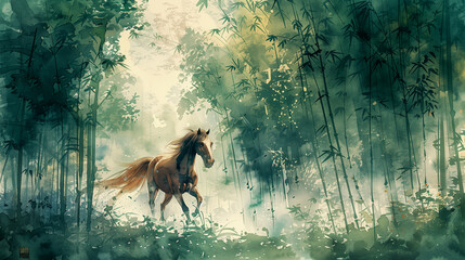 Horse running in the bamboo forest. Horse running in the forest. Water color illustration, an illustration that represents a powerful and auspicious horse  - obrazy, fototapety, plakaty