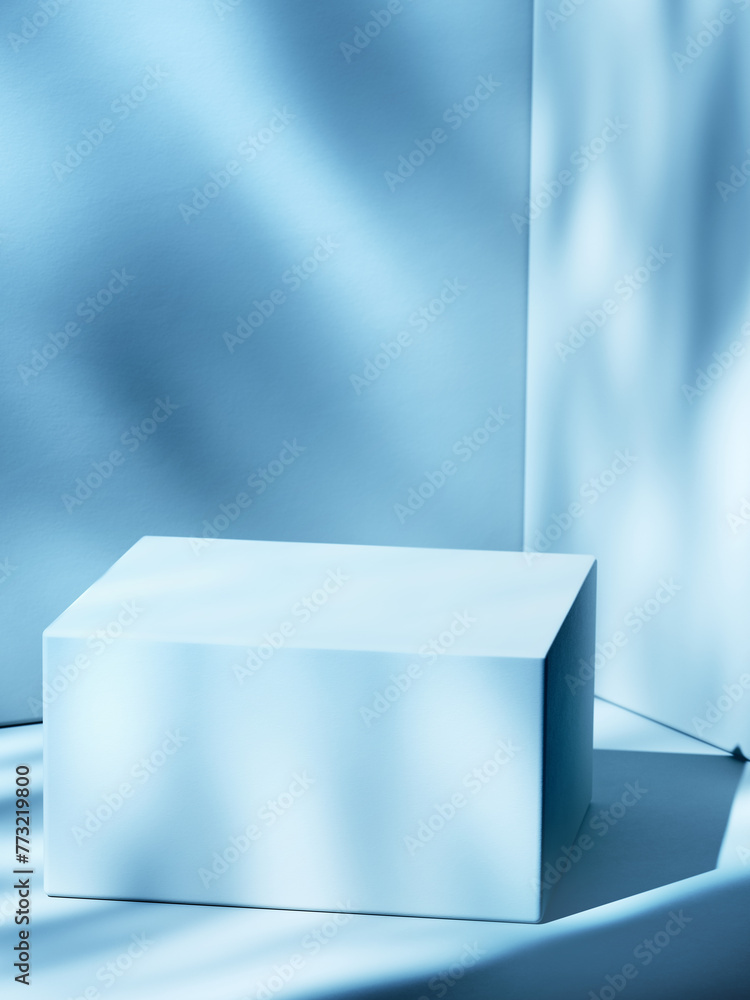 Poster empty blue cubic pedestal standing in corner of room. 3d computer graphic template of displaying pla