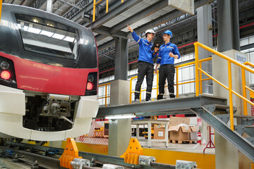 Electric Train Maintenance Training Center and two male engineers undergoing retraining to inspect...