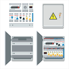 Fuse box. Types  and components of electrical. Electrical power switch panel with open and close door. Electricity equipment. Power Switch Panel. Vector illustration, isolated on white background.
