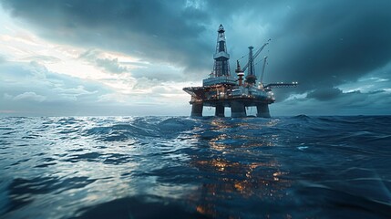 Naval architecture shines as an oil rig floats in the vast ocean, surrounded by sky and water, an engineering marvel amidst fluidity. - obrazy, fototapety, plakaty