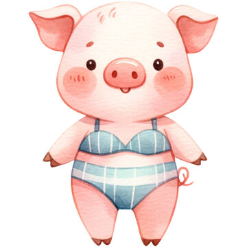 cute summer funny pig, watercolor cute pig,pig at the beach,beach activities,summer pig,summer season.