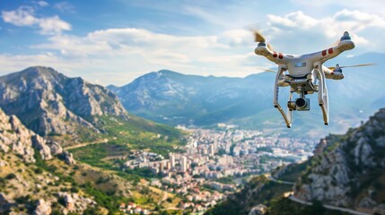 On the sky mountains and city background, a drone quad copter is mounted with a high resolution digital camera. - obrazy, fototapety, plakaty