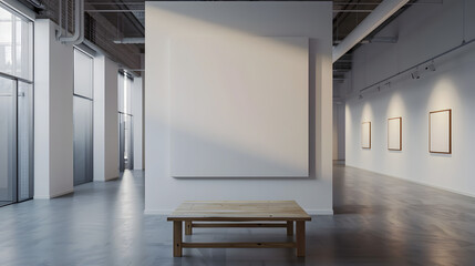 Sanctuaire artistique contemporain : une table en bois élégante au milieu d'un décor serein de galerie d'art