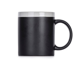 Side view of black coffee mug, standing on eye level. isolated on a white background.