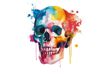Watercolor colorful graffiti skull illustration isolated on white background. Soft pastel detailed...