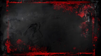 Intense red paint strokes arranged in rectangular lines on rugged black wall, red grunge edge motif on black background