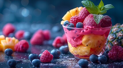 Frozen healthy berries, pineapple, tropical fruits on ice cream