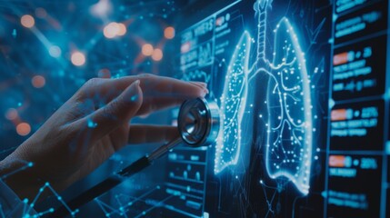 Medical technology diagnostics concept.The stethoscope of a doctor and the hand of a medical professional working on a Ui virtual screen to treat the lungs of human beings.