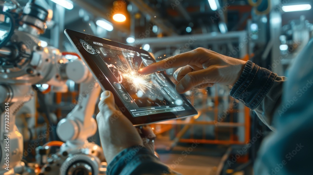 Aufkleber With digital tablet, engineer checks welding robotics automatic arms machine. Monitoring system software in intelligent factory industrial.