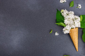 White lilac flowers in waffle ice cream cones on dark stone concrete background. Flat lay