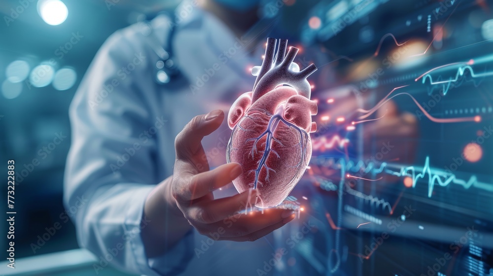 Aufkleber Heart technology diagnostics analysis. A doctor working with a stethoscope and UI heart diagnostics. UI heart diagnostics analysis.