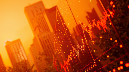 Sunset cityscape with financial data overlay