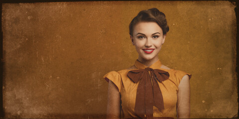 smiling woman with vintage style, old-fashioned lady isolated on grunge background with copy space  - obrazy, fototapety, plakaty