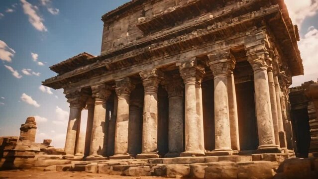 Panorama of the ancient Roman temple of Bacchus with ruins and surrounding city