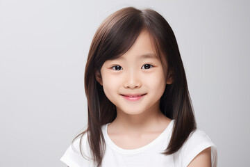 Asian child  girl with white background. Nursery school. Childhood professions. School holidays. Topics related to childhood. Chinese girl. Japanese girl. Asian country. China. Asia. Japan.