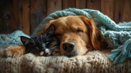 a golden retriever dog and a black-and-white cat snuggling affectionately on a light blue fuzzy blanket, capturing the warmth and coziness of their bond.