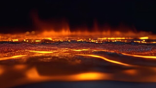 Closeup flowing lava. Lava river from active volcano, epic pattern. Volcano eruption. Copy space