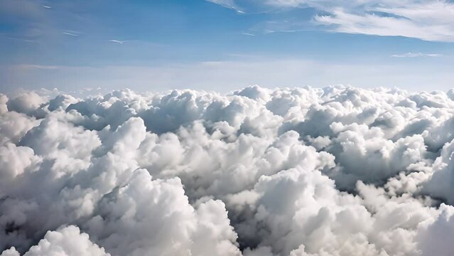 Breathtaking aerial flying backwards through the white fluffy clouds high in the heavenly sky with fresh clean air and blue skies on background. Paradise concept, nature landscape footage 4K amazing 