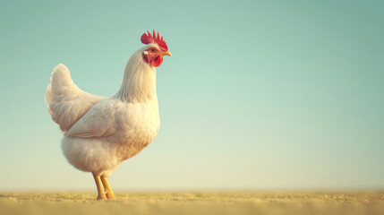 Fototapeta premium A calm white chicken stands in a tranquil farm setting, bathed in the warm light of early morning.
