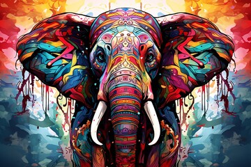 an elephant with colorful paint - obrazy, fototapety, plakaty