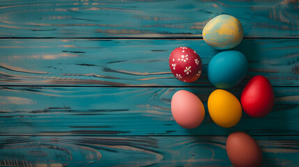 Débordant de joie : un arrangement d'œufs de Pâques multicolores présentés sur un fond en bois - obrazy, fototapety, plakaty