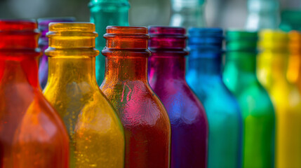 Zbliżenie na szyjki kolorowych butelek - obrazy, fototapety, plakaty