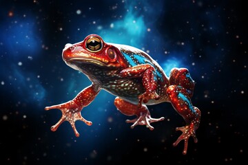 a red and blue frog in space - obrazy, fototapety, plakaty