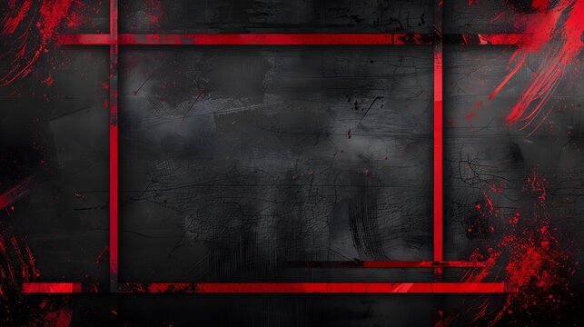 Expressive red paint strokes in rectangular patterns on rough black wall, red grunge border texture on black backdrop