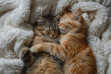 Cats sleep together on white fluffy bed, animal, love, family concept