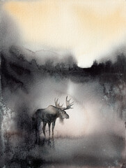 Moose in foggy natural landscape painting with atmospheric sky