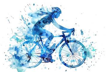 Blue watercolor painting of side view woman cyclist in road bike