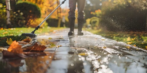 Worker using highpressure washer to clean driveway emphasizing professional cleaning services. Concept Professional Services, High-pressure Washer, Driveway Cleaning, Worker, Professionalism - obrazy, fototapety, plakaty