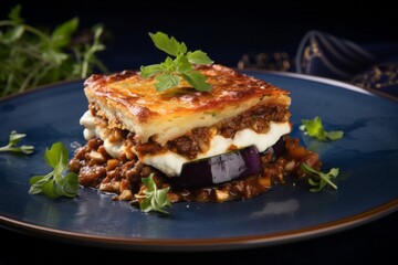 Delicious moussaka on a ceramic tile against a denim fabric background