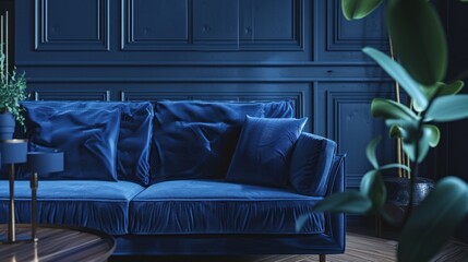 Elegant blue velvet sofa set in luxurious dark-toned living room interior with stylish wall panels and decorative houseplants enhancing home decor. Interior design and modern livin
