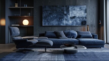 Modern living room interior design with dark blue sofa, elegant artwork, and soft lighting. Contemporary furniture arrangement and home decor.