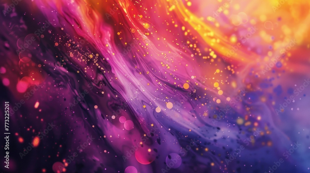 Poster vibrant abstract background with blending colors and sparkling particles.