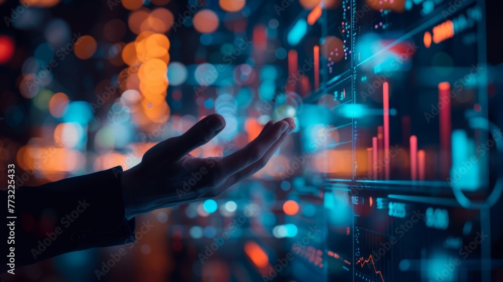 Leinwandbilder an entrepreneur holds a business analytics big data analysis statistic on a vr screen with a blurry 