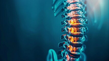 An X-ray of the human spine against a blue background. The neck spine highlighted in yellow-red indicates areas of concern. Depicting medical examinations for spinal injuries - obrazy, fototapety, plakaty