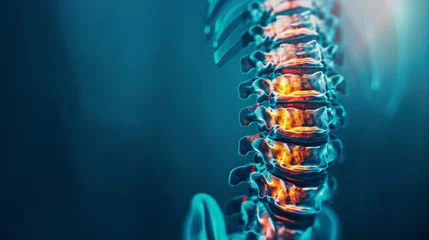 Foto op Plexiglas An X-ray of the human spine against a blue background. The neck spine highlighted in yellow-red indicates areas of concern. Depicting medical examinations for spinal injuries © growth.ai