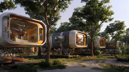 Group of Tiny Houses in Forest