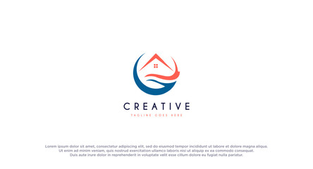 Wave with house for resort or vila logo design vector illustration. © chestone