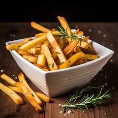 Crispy golden French fries with sea salt and rosemary in a white bowl, close up shot, food photography, menu, restaurant concept 