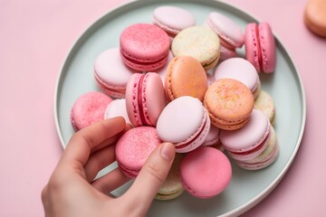 A hand reaching out to grab Colorful pink, yellow and green pastel macaroons stacked on top of one another on a mint green plate background wallpaper banner desert shop concept pink background